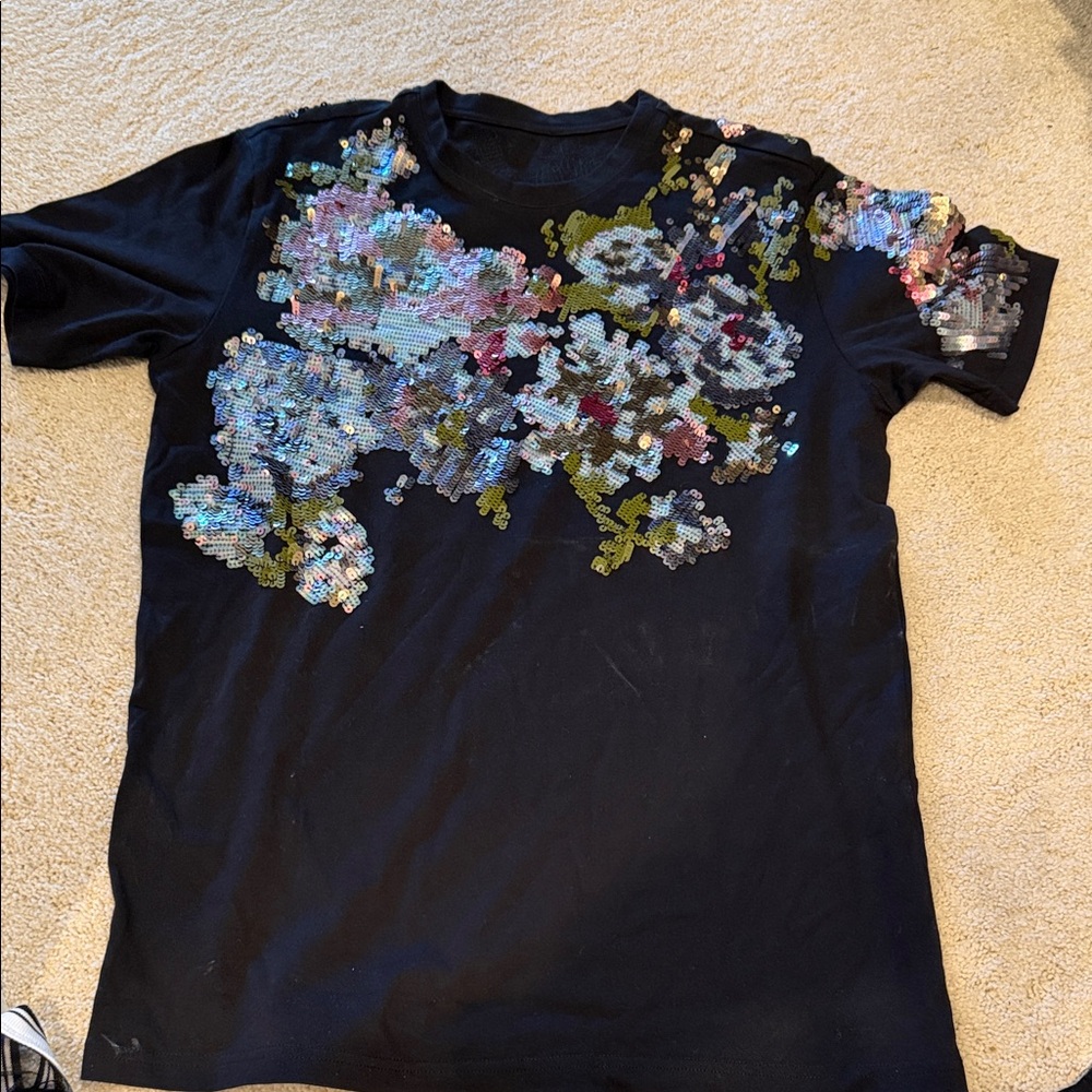 Black T-Shirt with Sequin Floral Design